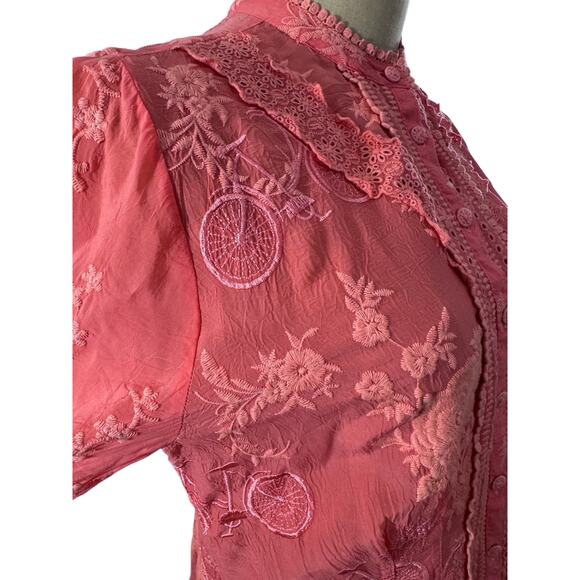 "Johhny Was" Serene Ryder Blouse, Passion Fruit ,SZ S ,Embroidered, Whimsy, Boho - Picture 4 of 13